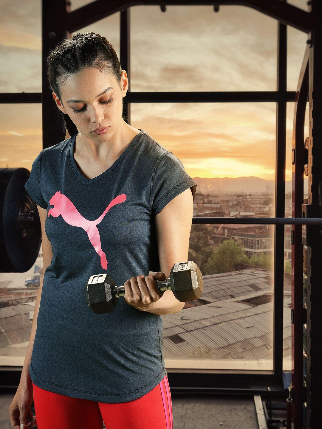puma women navy blue & pink brand logo printed heather cat training t-shirt