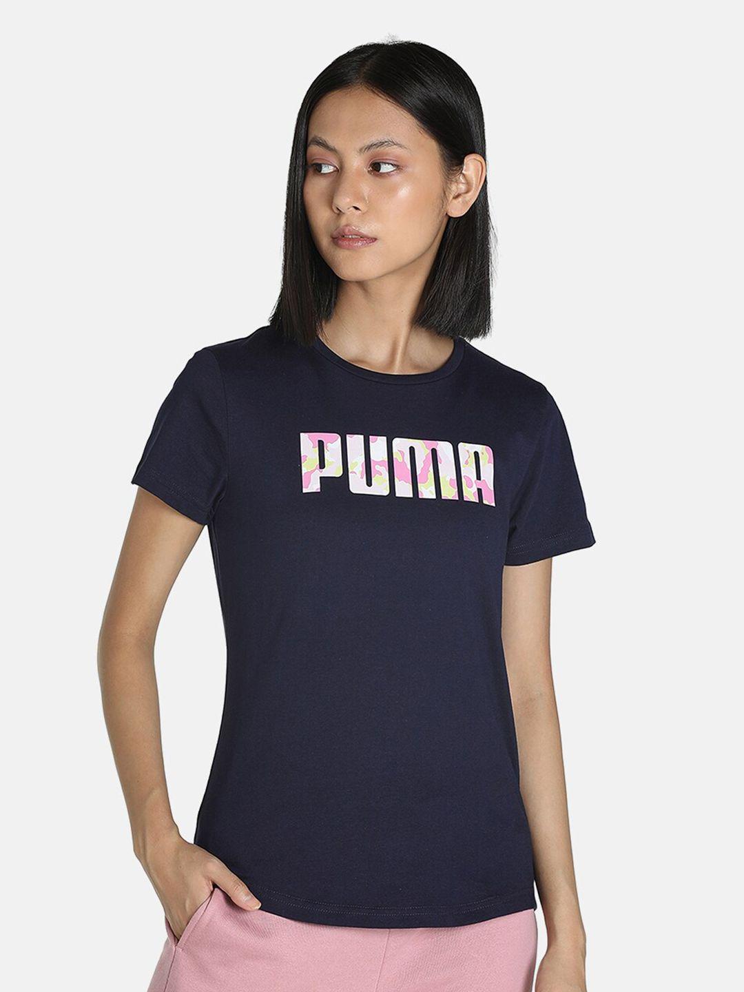 puma women navy blue & white brand logo printed regular fit cotton t-shirt