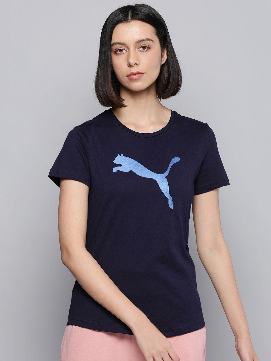 puma women navy blue regular fit brand logo printed t-shirt