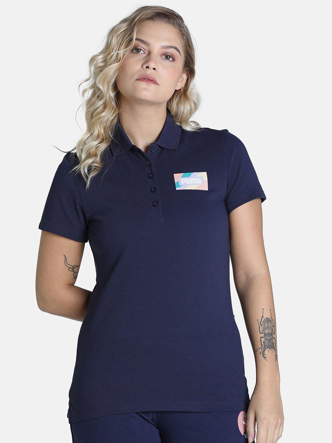 puma women navy blue solid wavy box graphic polo collar cotton t-shirt