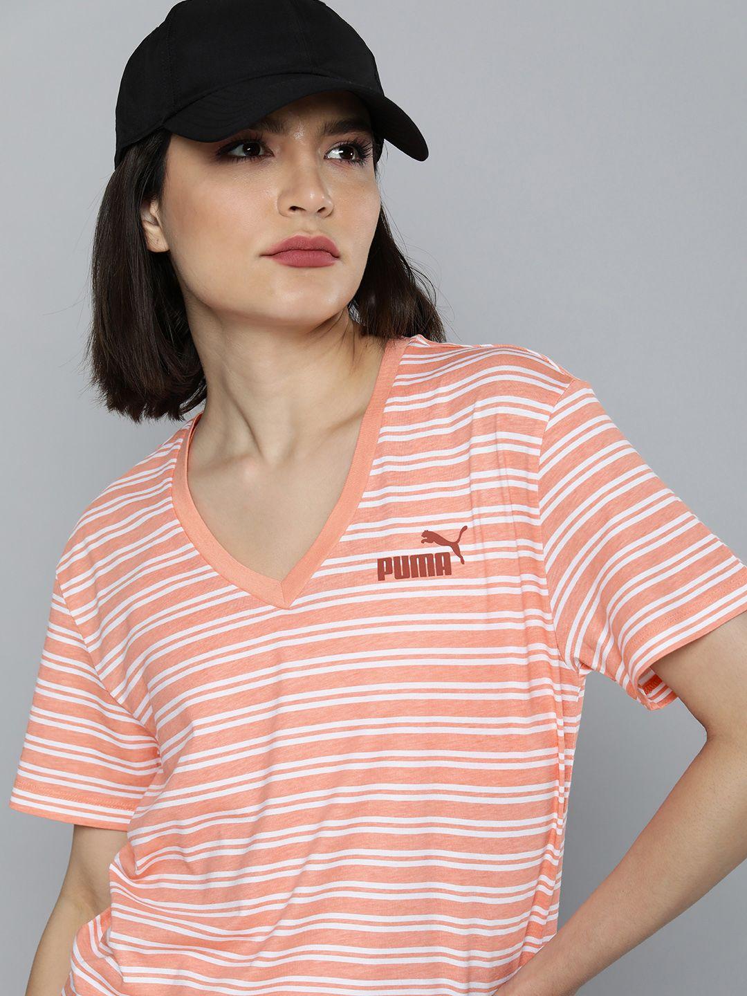 puma women orange & white striped v-neck t-shirt