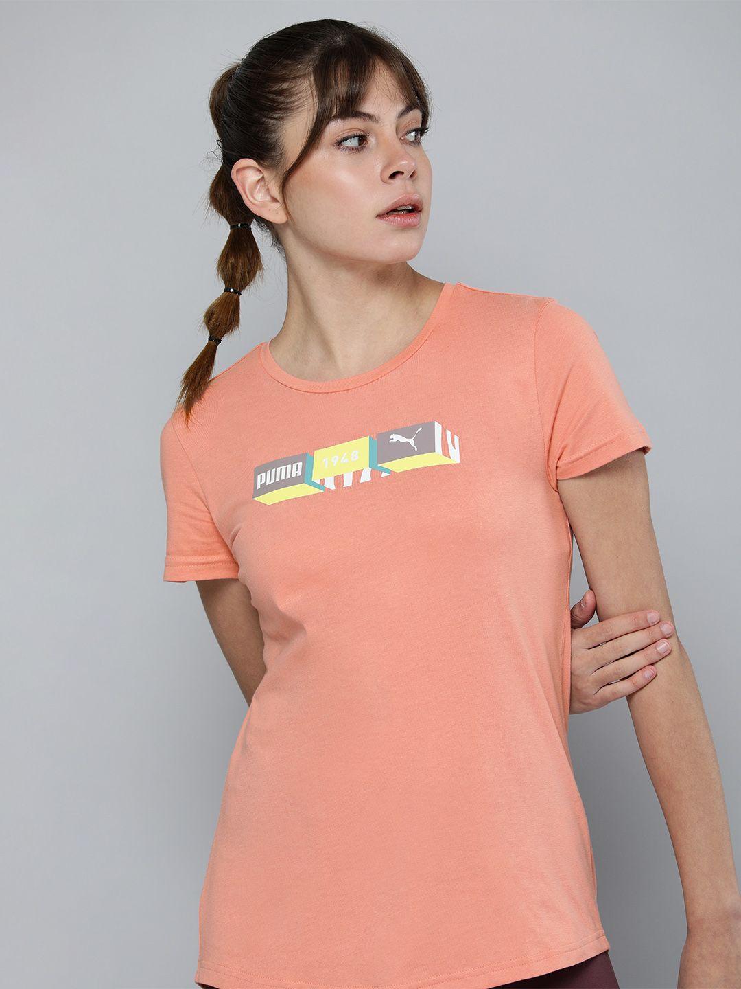 puma women peach-coloured brand logo printed pure cotton t-shirt