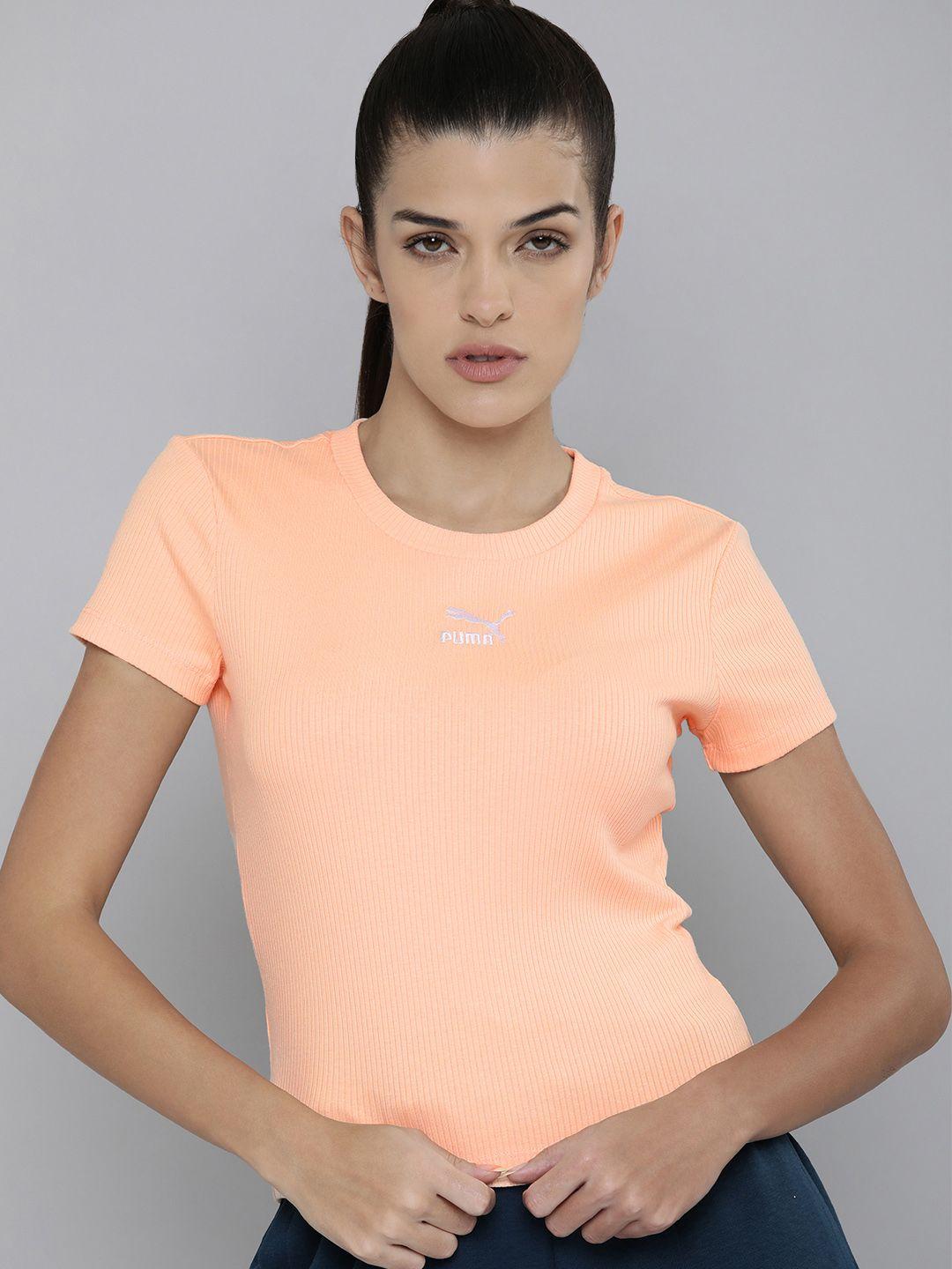 puma women peach-coloured solid slim fit t-shirt