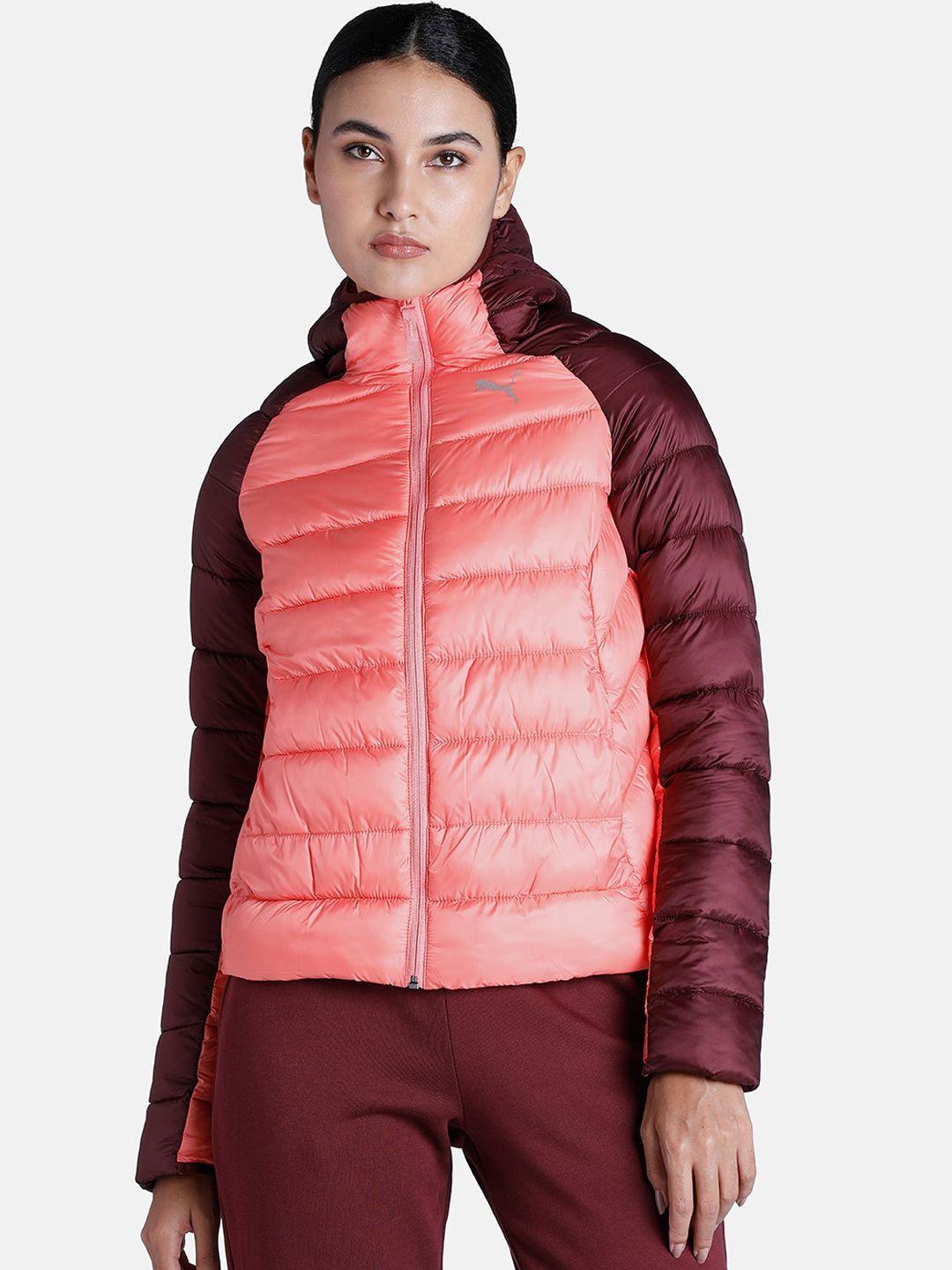 puma women pink & maroon pwrwarm packlite 600 hd down puffer jacket