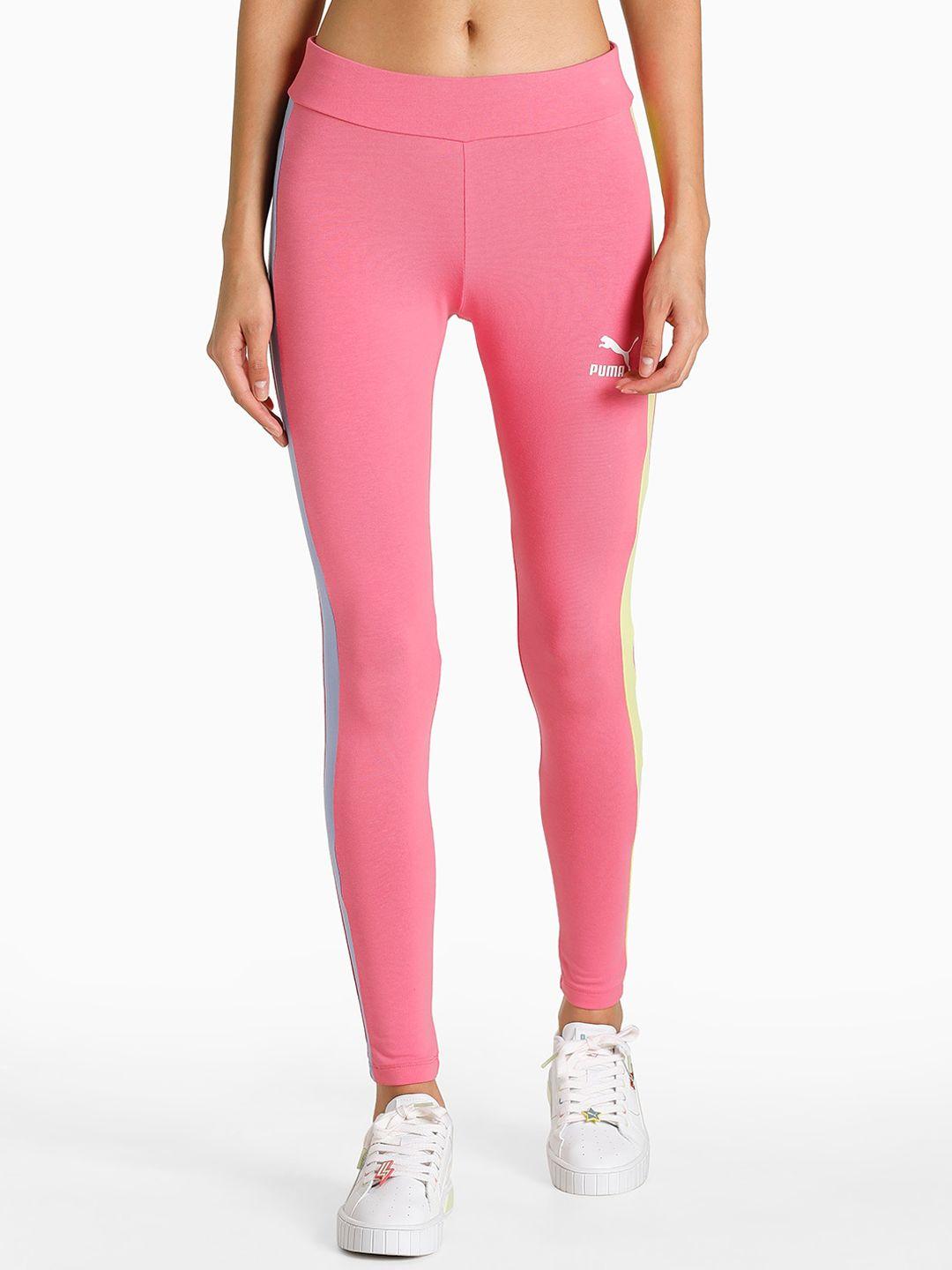 puma women pink & yellow striped t7 tights