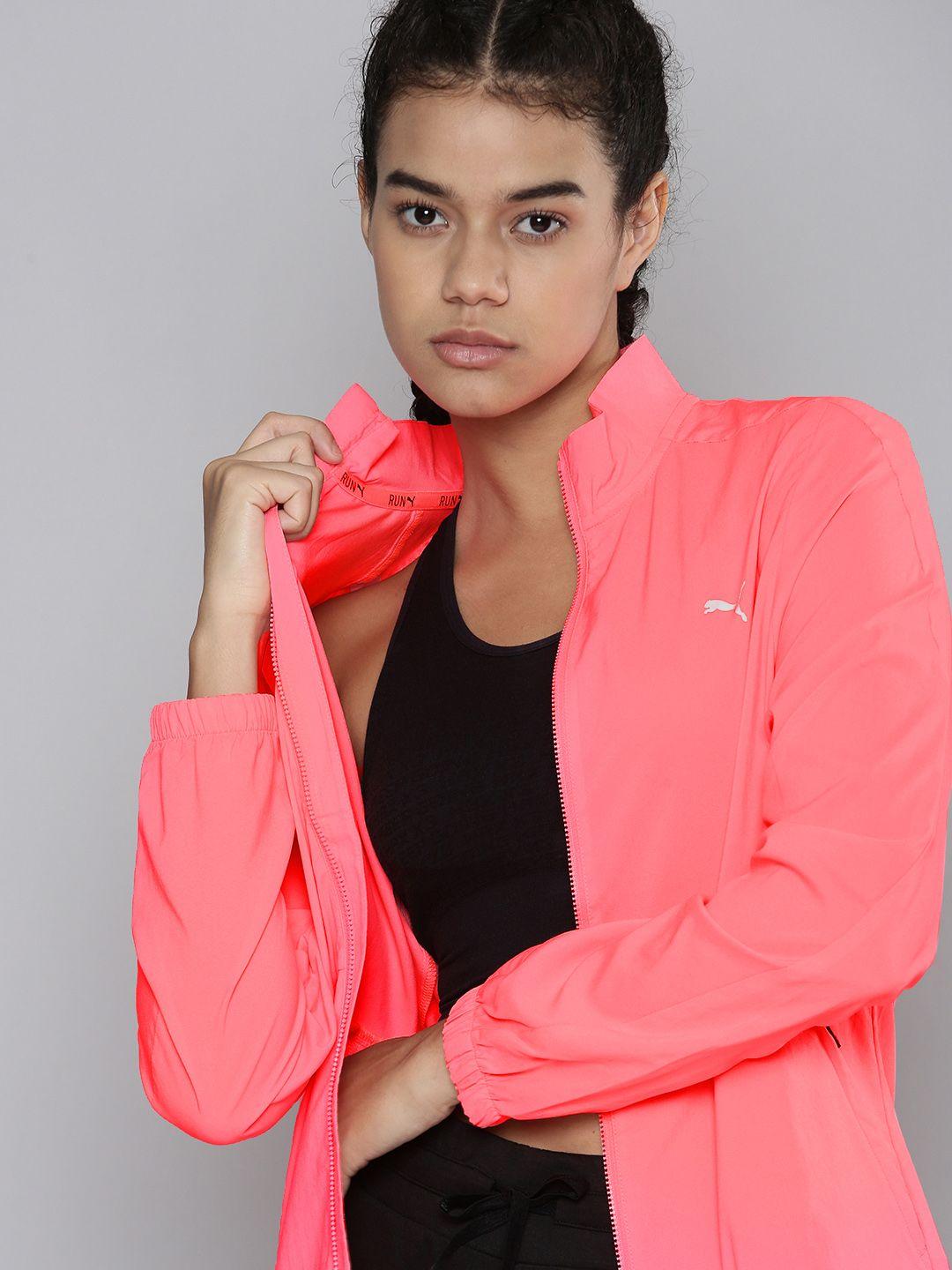 puma women pink brand logo favourite woven running sporty jacket