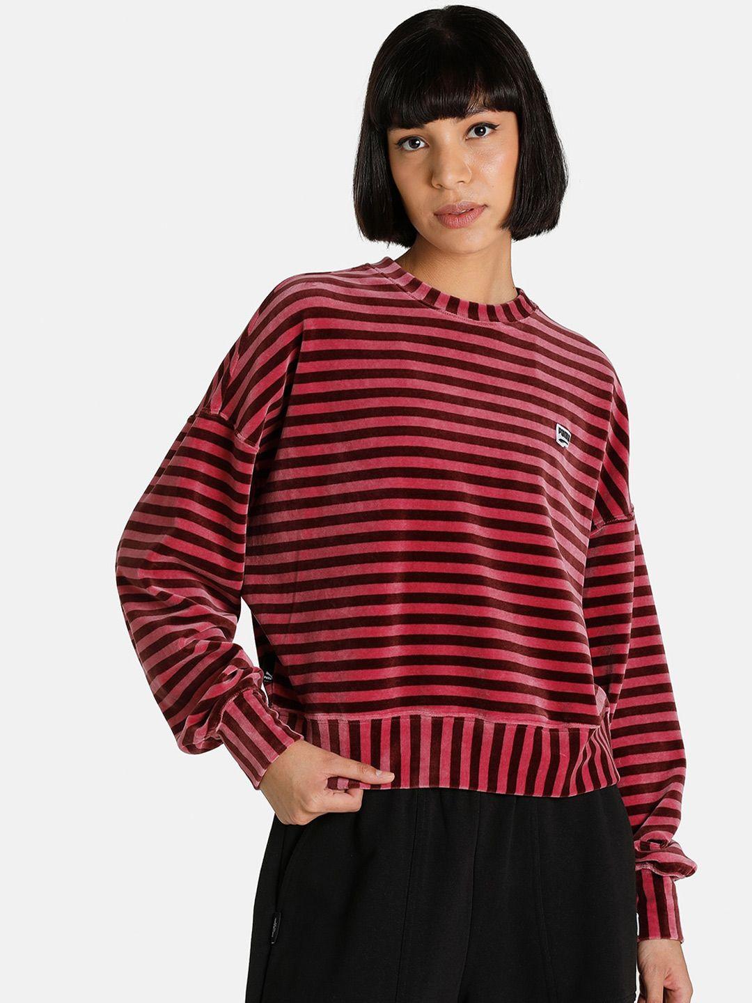 puma women pink striped downtown velour crew neck sweatshirt