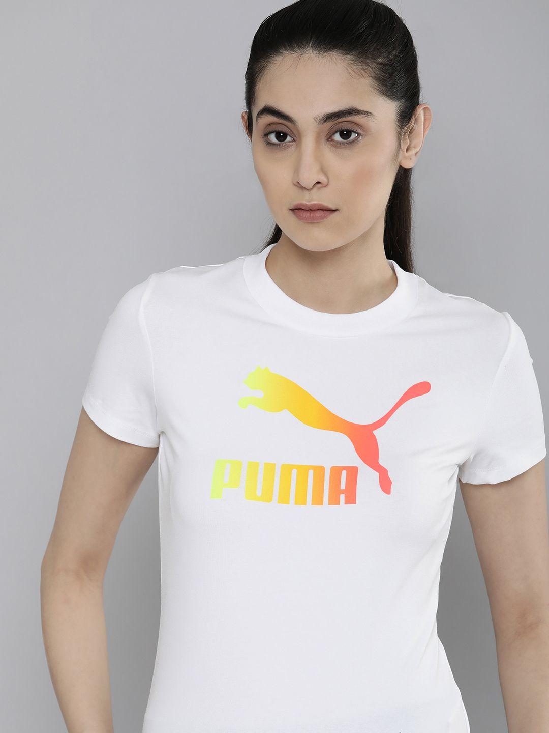 puma women white brand logo printed slim fit summer sque slim graphic t-shirt