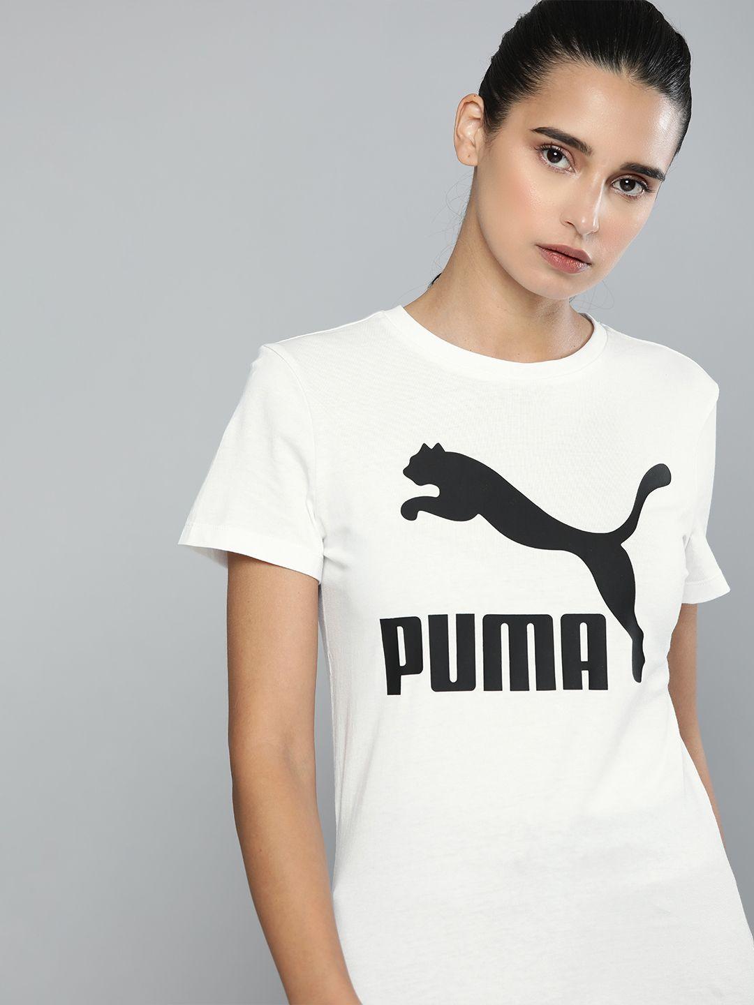 puma women white classics logo printed round neck pure cotton t-shirt