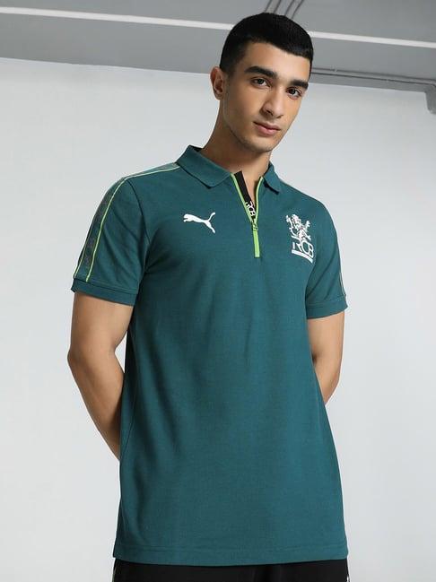 puma x rcb teal regular fit printed cotton sports polo t-shirt