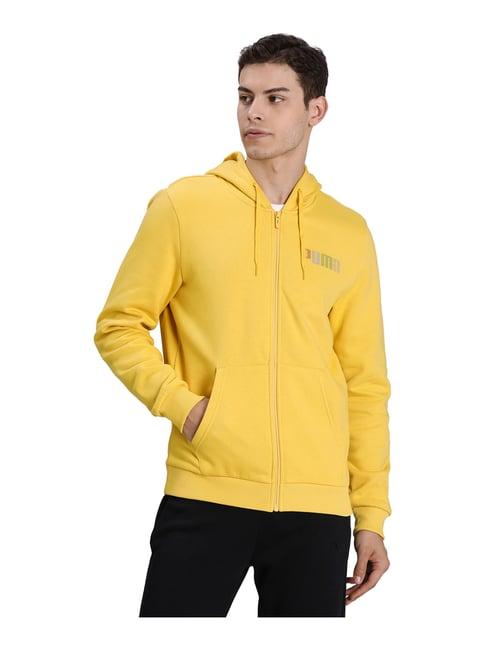 puma yellow cotton regular fit logo printed hooded jacket