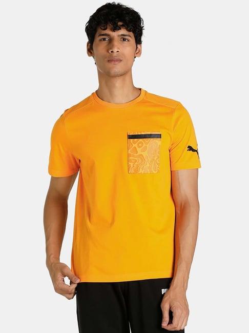 puma yellow cotton regular fit logo printed t-shirt