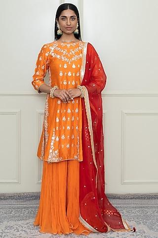 pumpkin orange tilla embroidered a-line kurta set