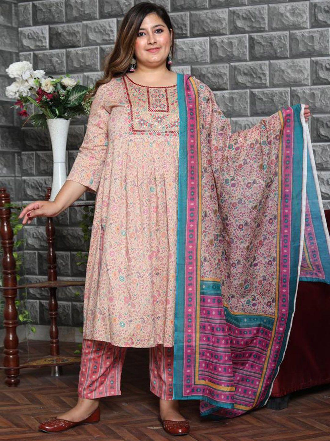 pumpui floral embroidered empire plus size kurta with trousers & dupatta