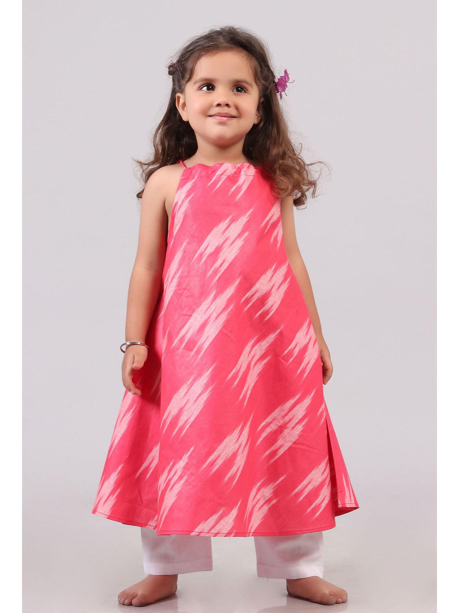 punch pink halter neck kurta dress with cotton pants (set of 2)