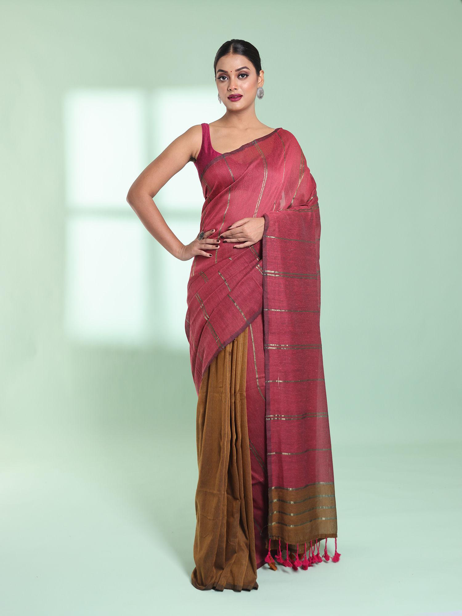 punch pink zari stripes cotton saree with unstitched blouse