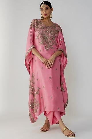 punchy pink pure silk hand embellished kaftan set