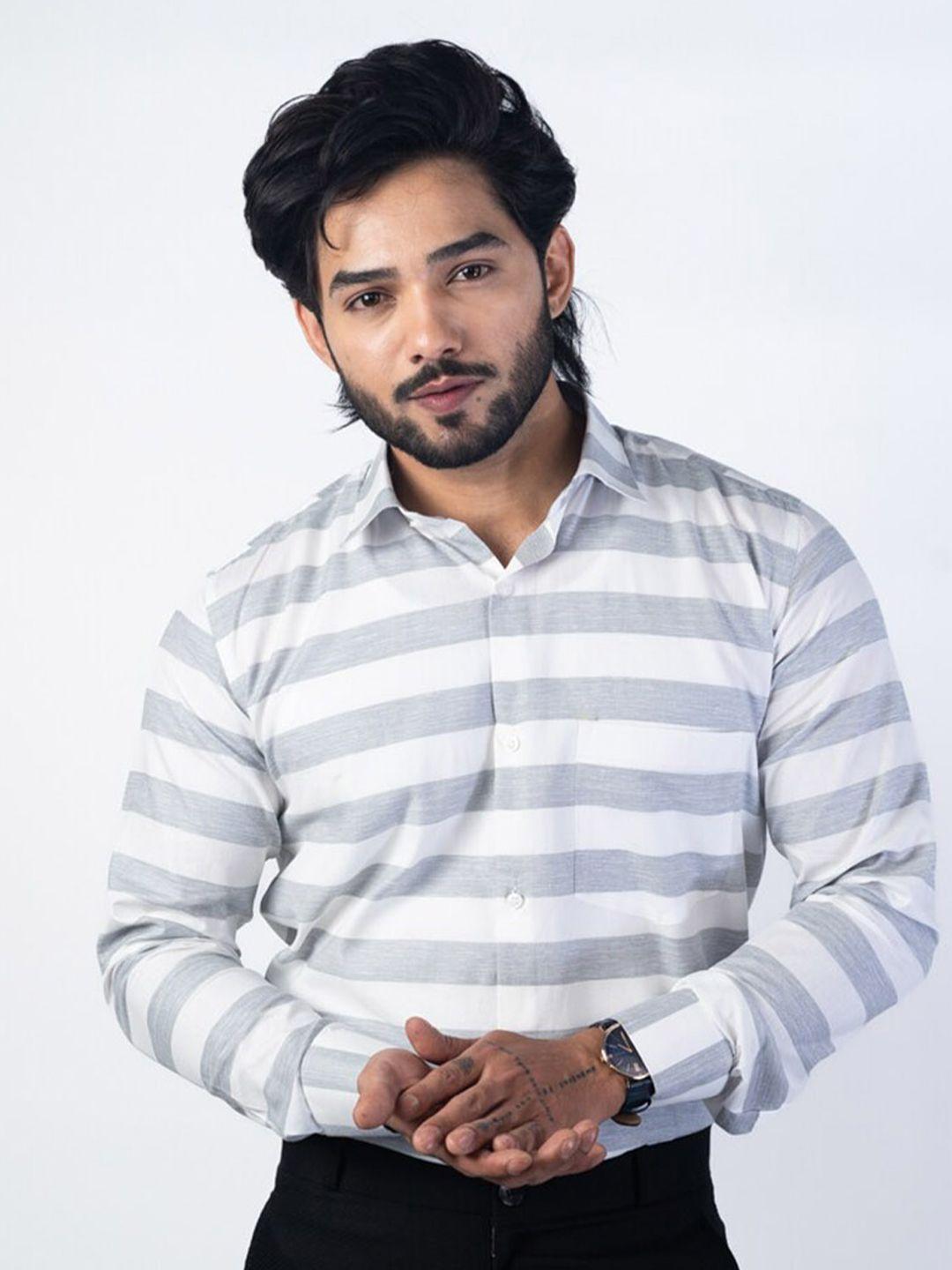 punekar cotton classic fit horizontal striped spread collar formal shirt