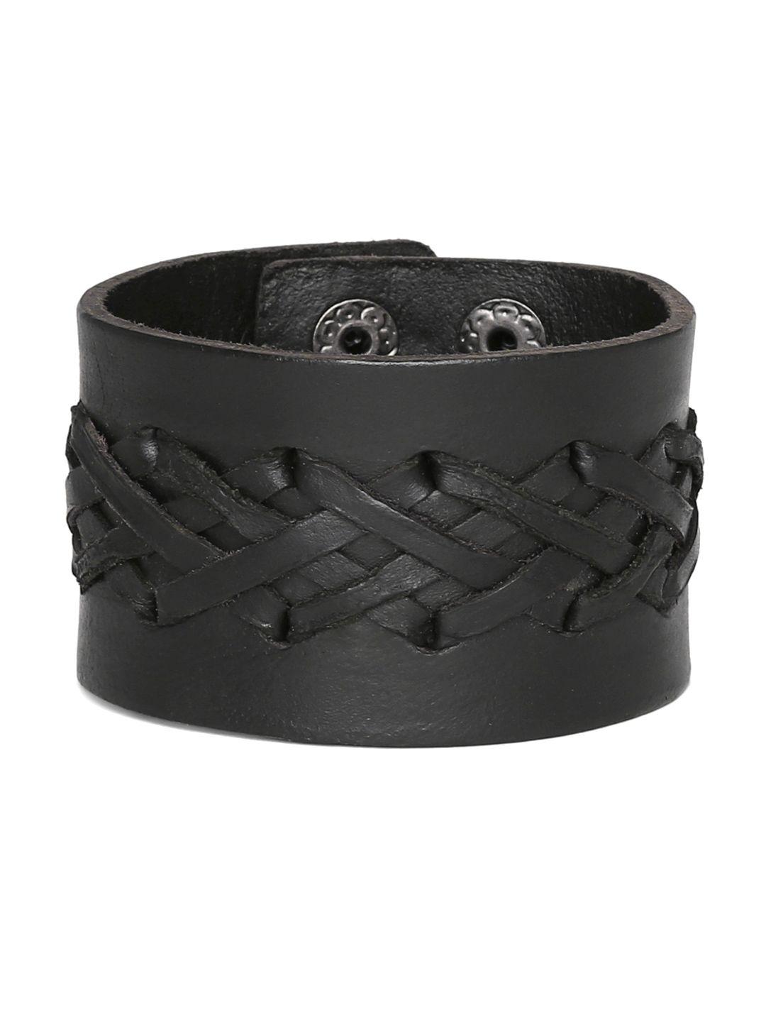 punk men black leather textured bracelet