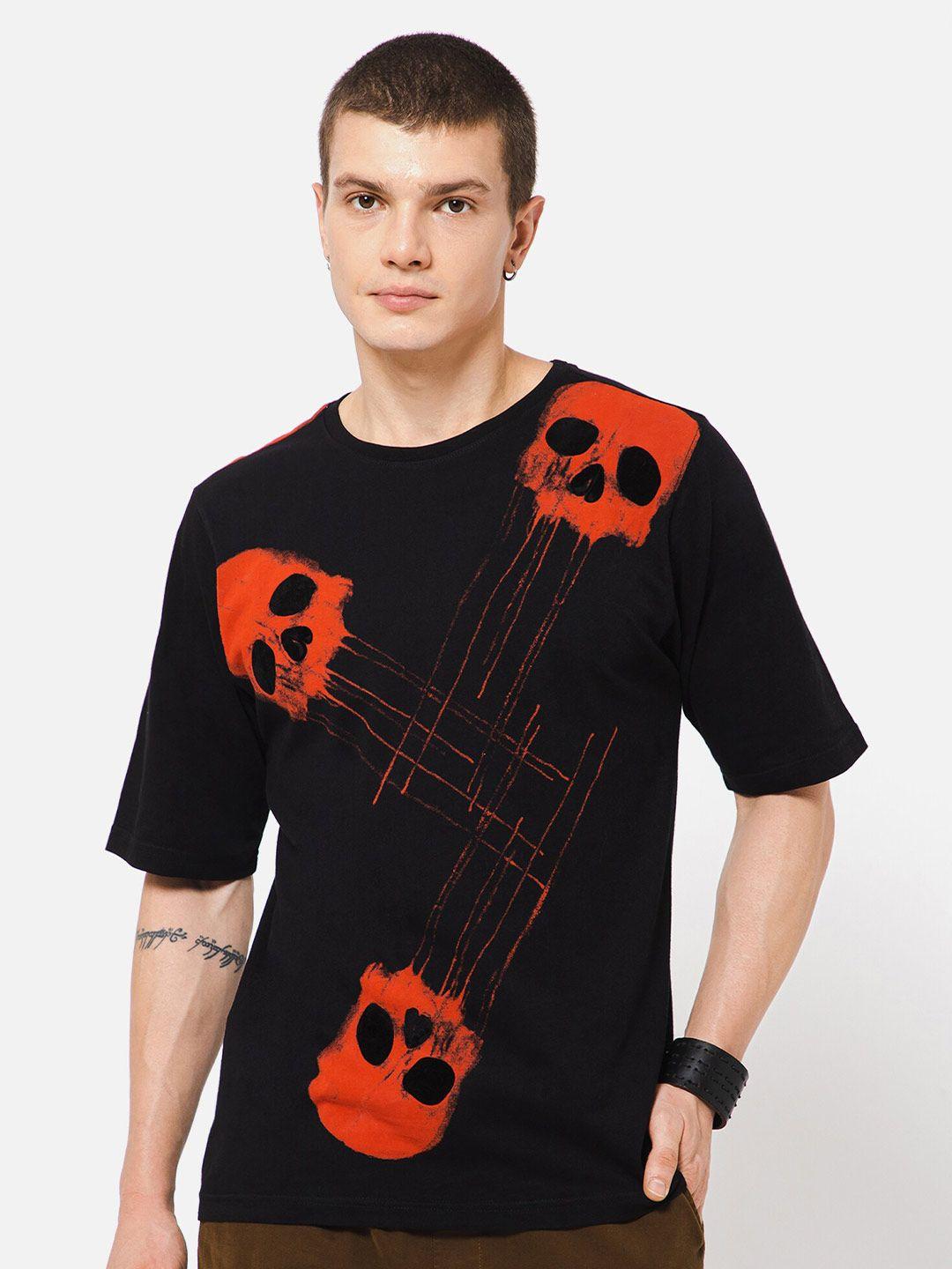 punk men black printed v-neck applique t-shirt