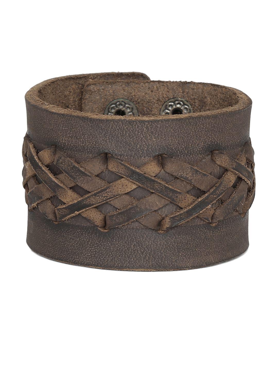 punk men brown leather textured bracelet