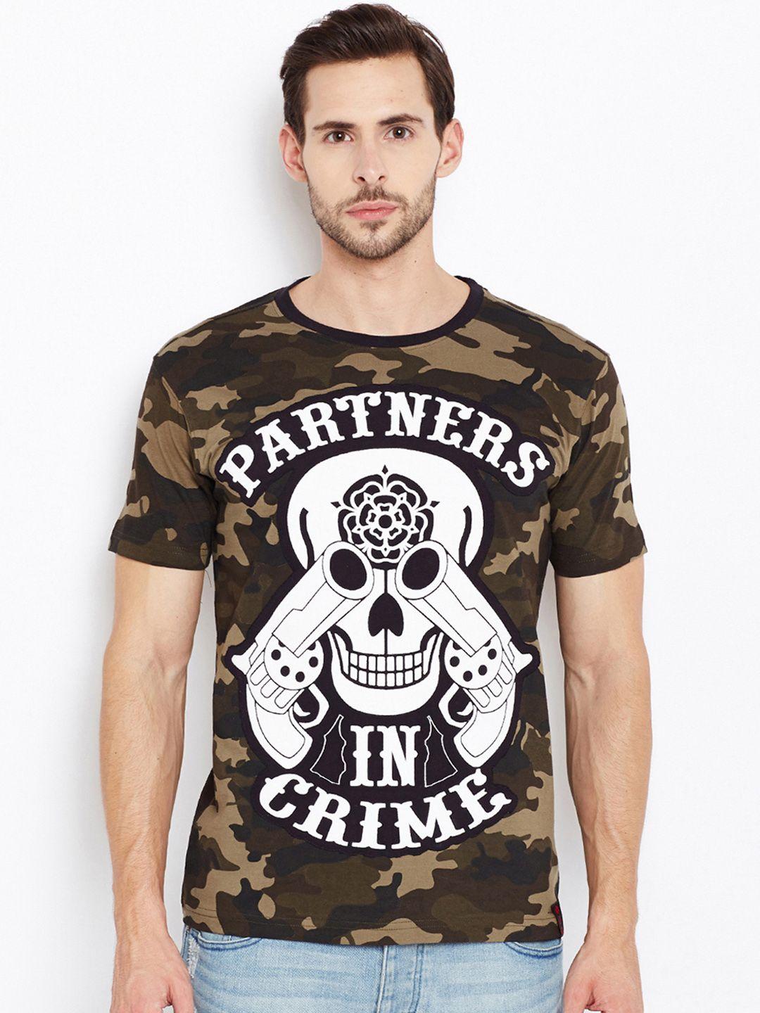 punk men khaki printed round neck t-shirt