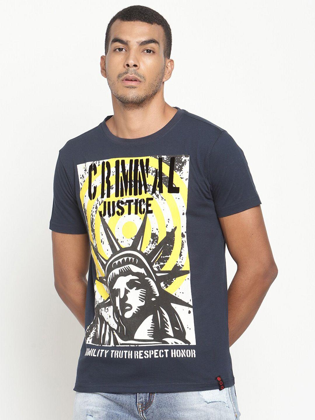 punk men navy blue printed t-shirt