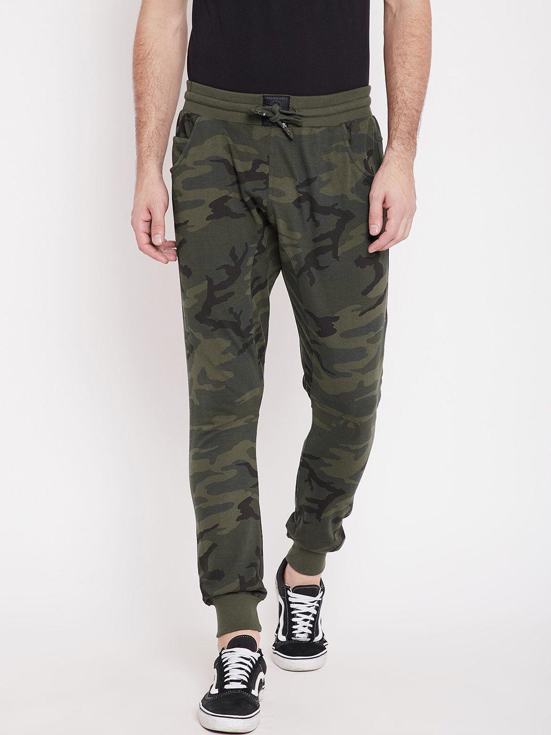 punk men olive & black camouflage printed relaxed-fit cotton joggers