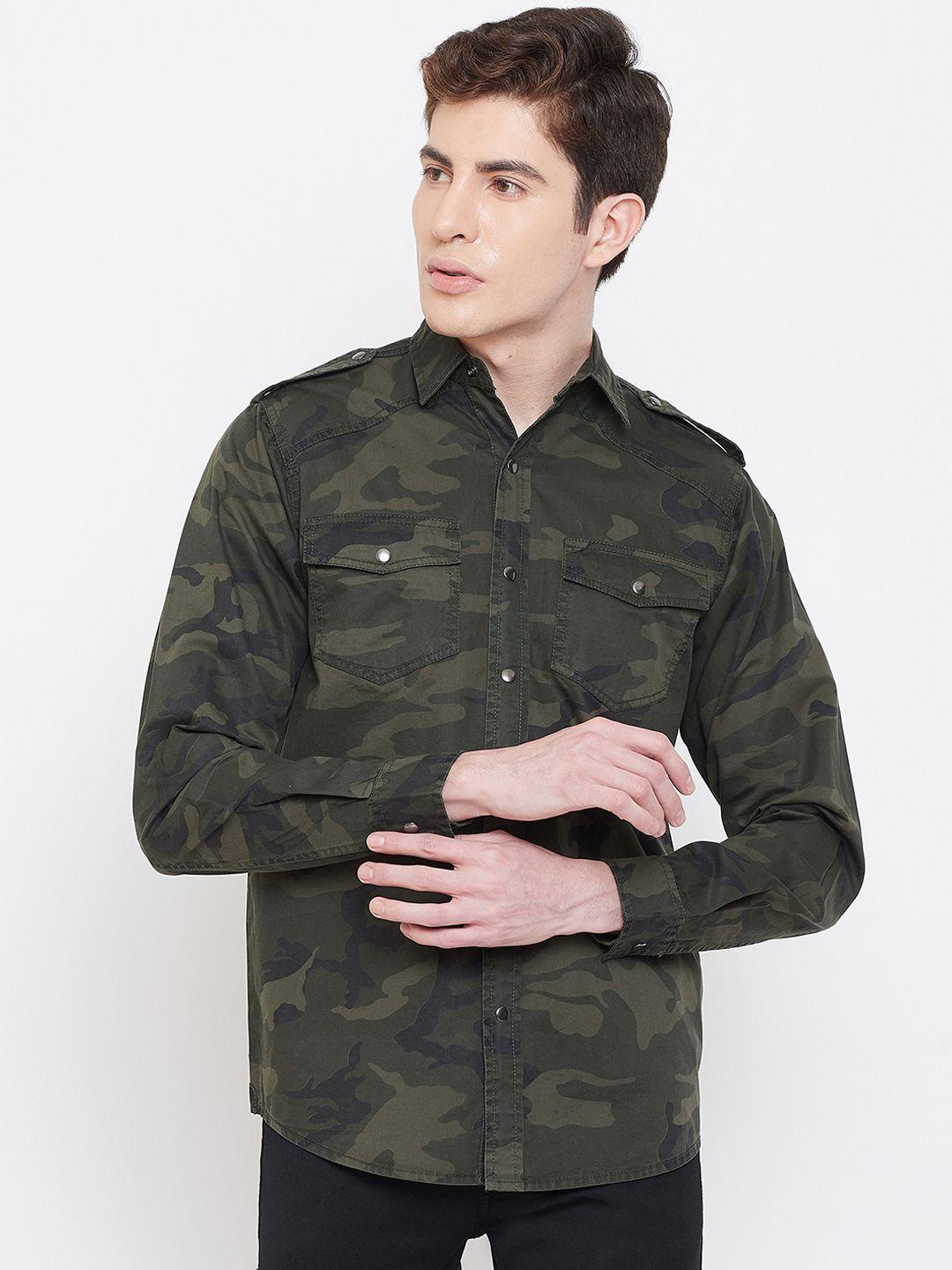 punk men olive green & khaki regular fit printed casual shirt