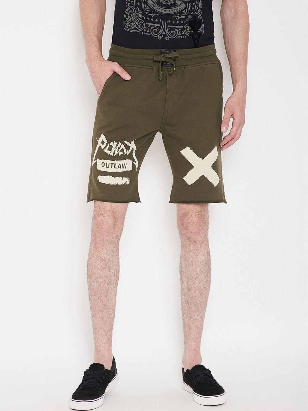 punk men typography printed mif-rise cotton shorts