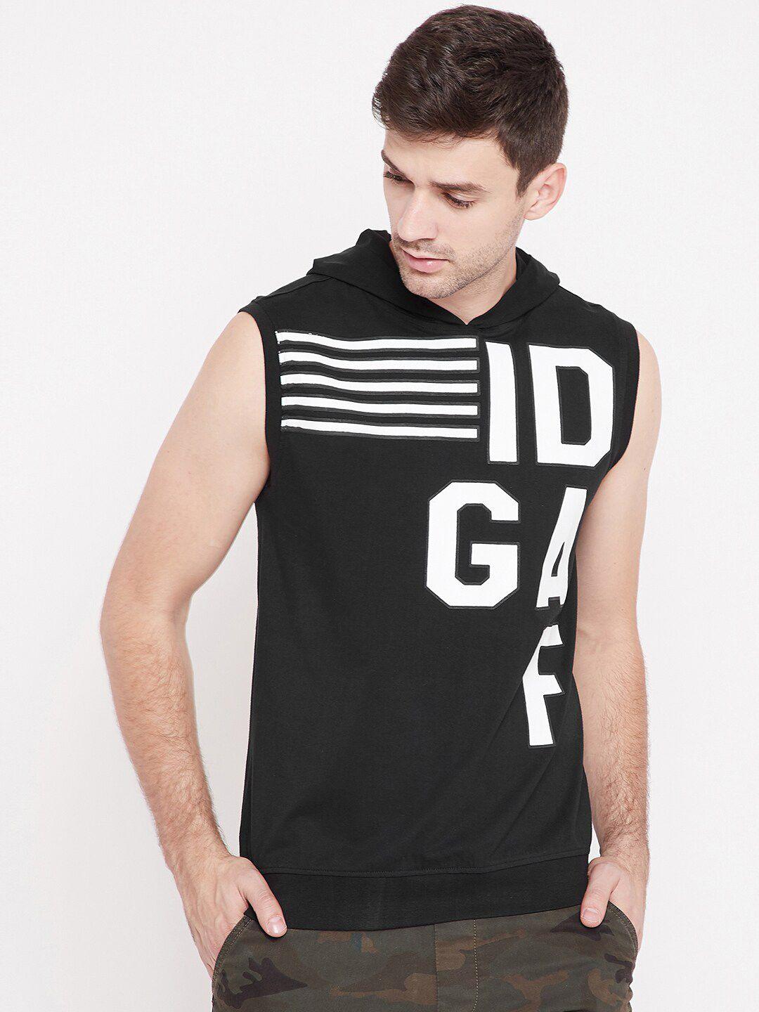punk typography printed sleeveless hooded cotton t-shirt