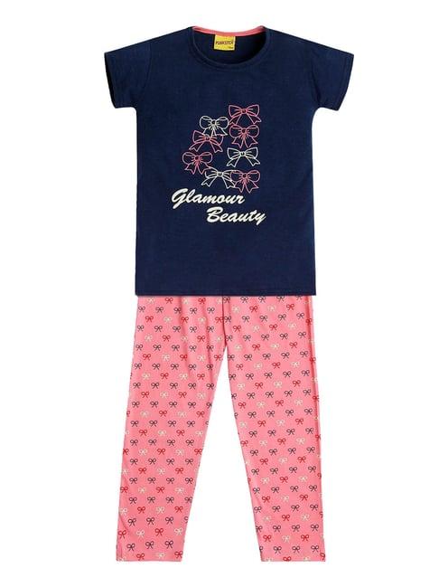 punkster kids navy & pink printed t-shirt with pyjamas