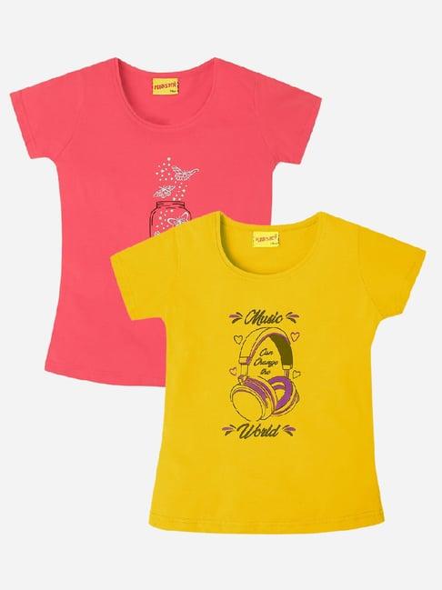 punkster kids yellow & coral graphic print t-shirt (pack of 2)