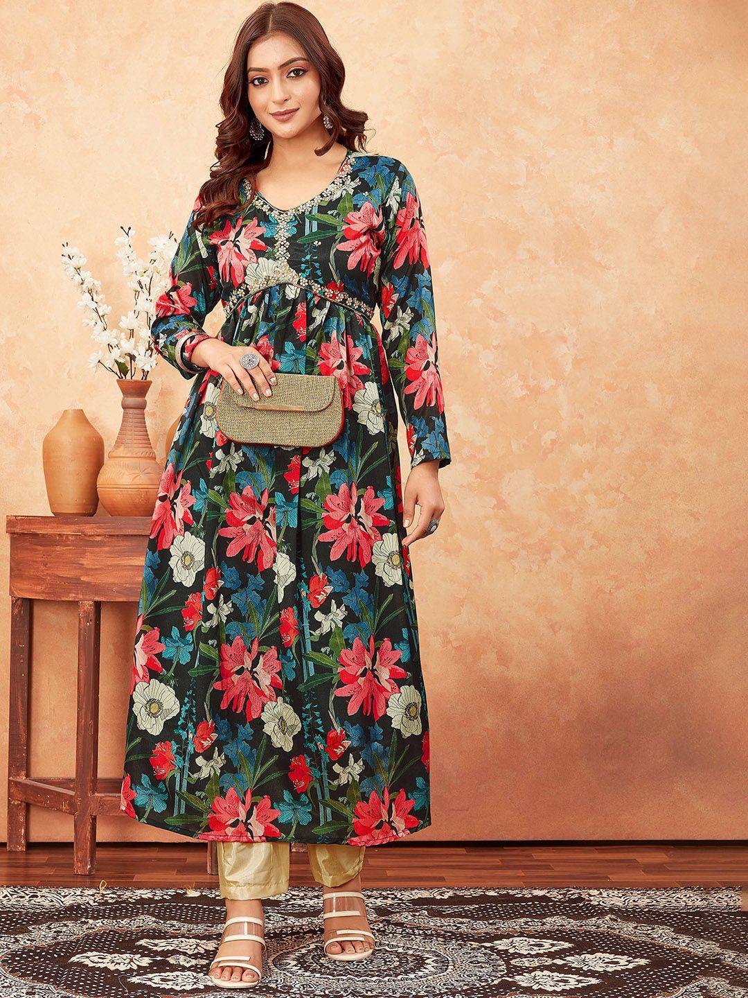 punrwa women floral printed pleated beads and stones kurta with trousers