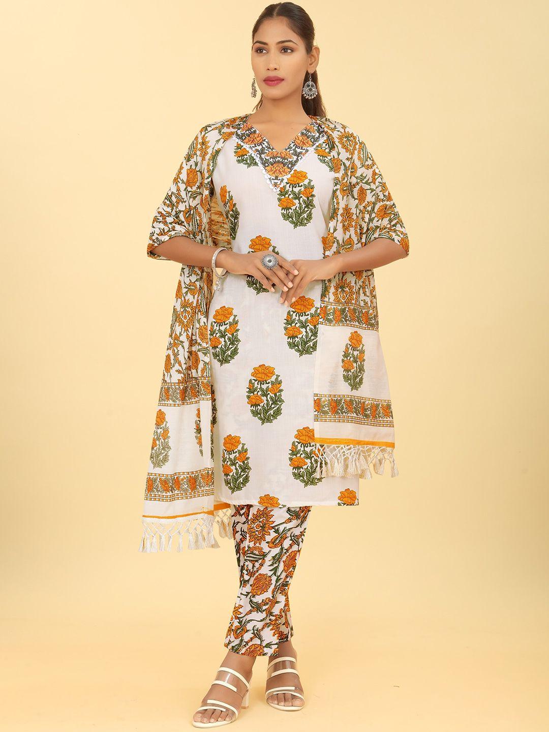 punrwa floral block printed v-neck regular kurta with trousers & dupatta