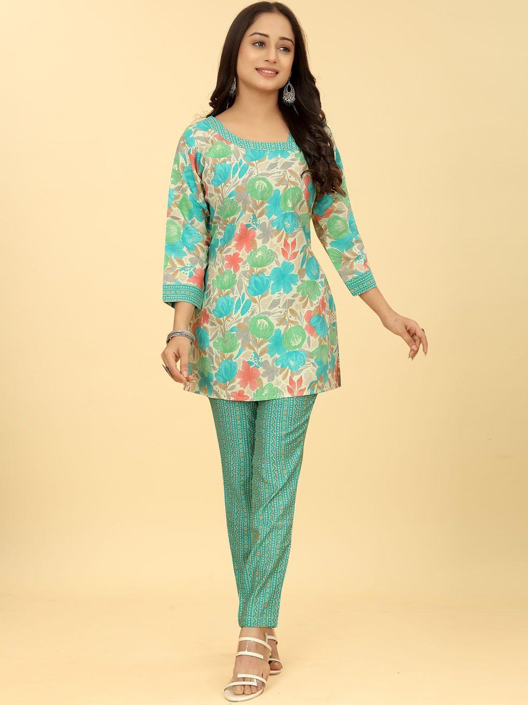 punrwa floral printed asymmetric neck kurti with trousers