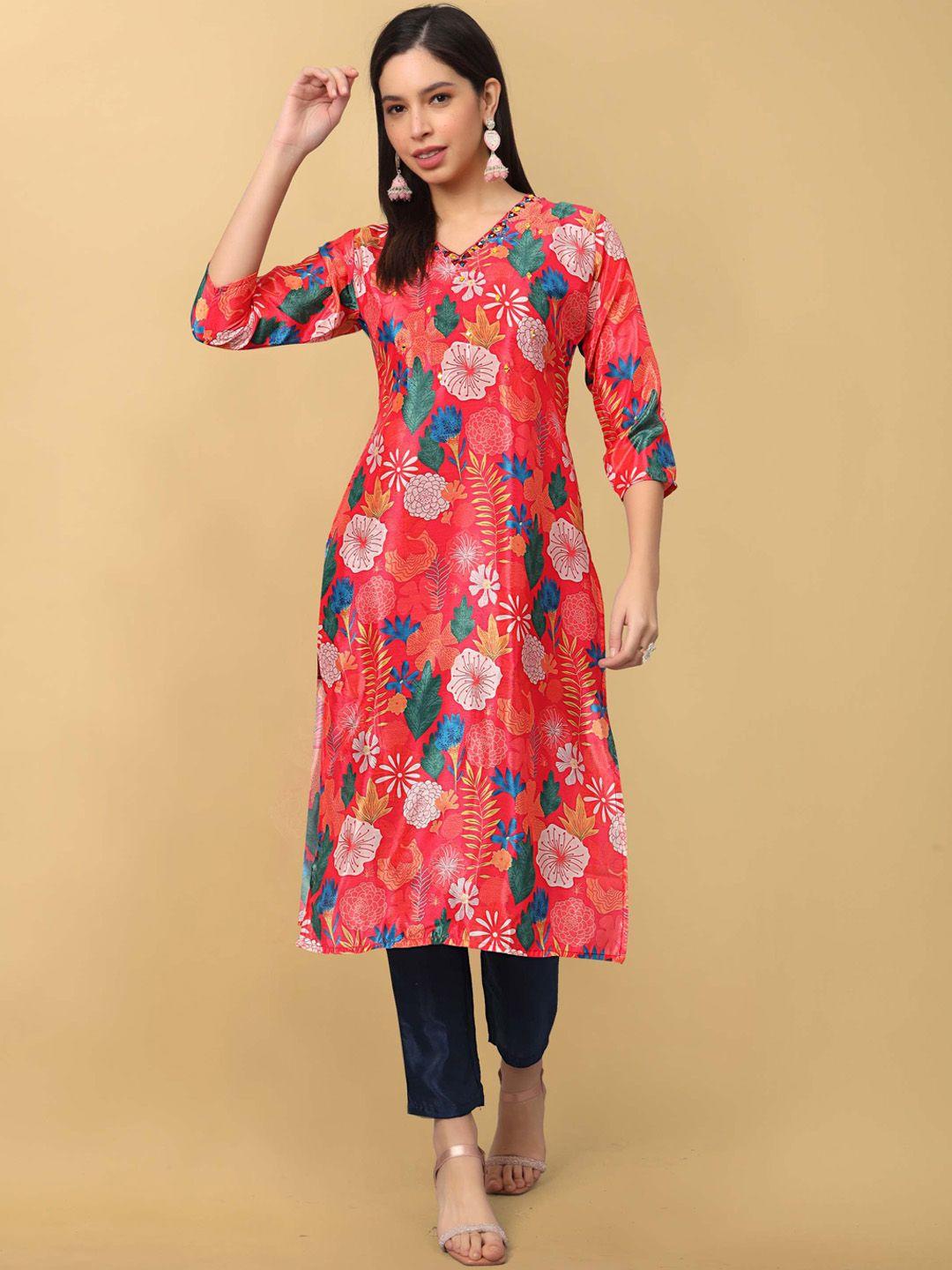 punrwa floral printed v-neck mirror work kurta with trousers