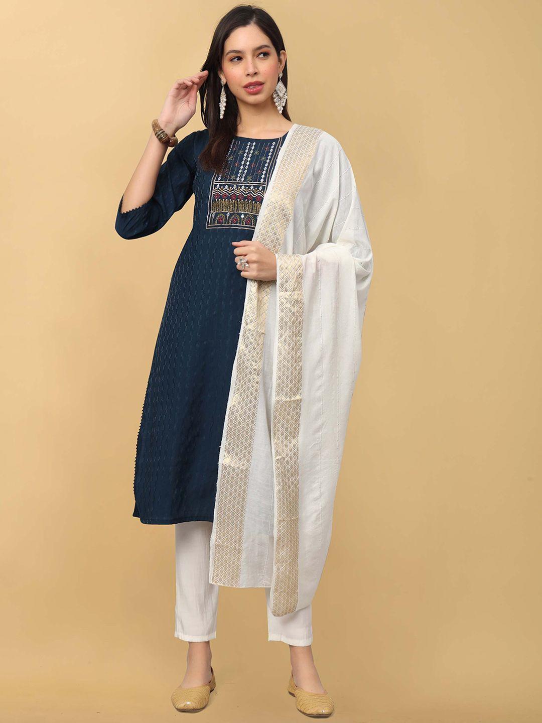 punrwa floral printed yoke design round neck kantha work raw silk kurta trousers & dupatta