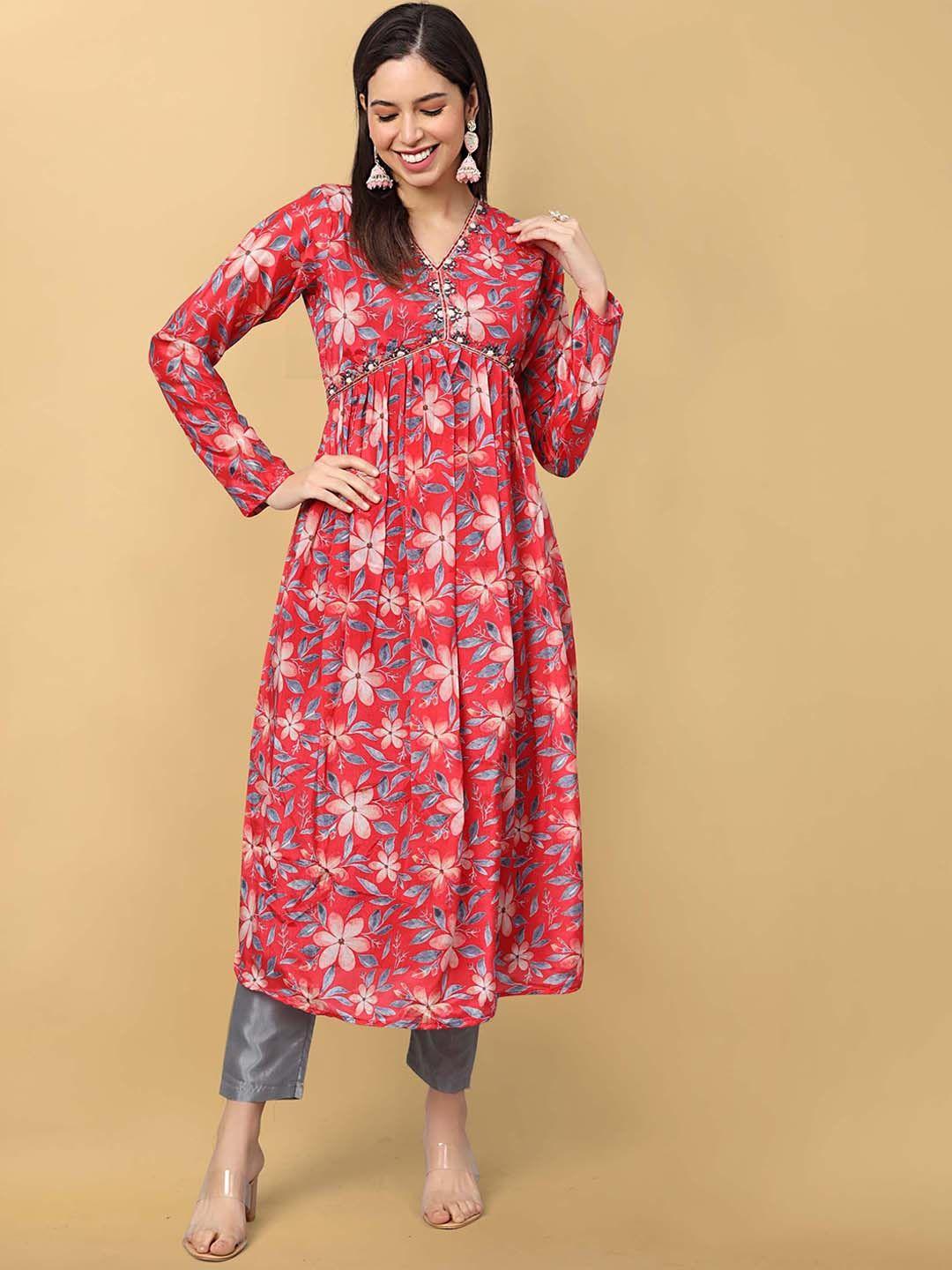 punrwa floral yoke design v-neck empire mirror work kurta with trousers