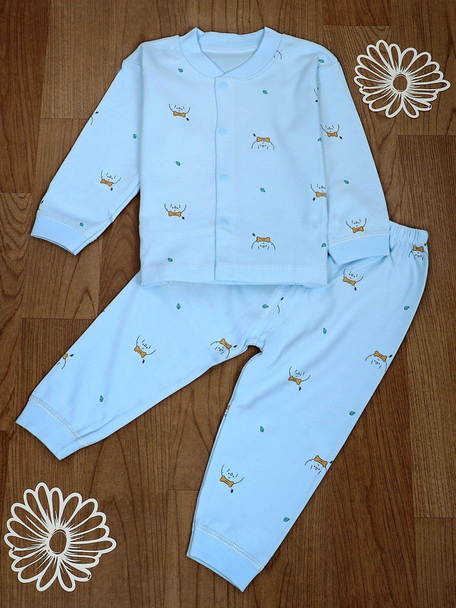 puppy face full sleeves buttoned pyjama night suit blue (set of 2)