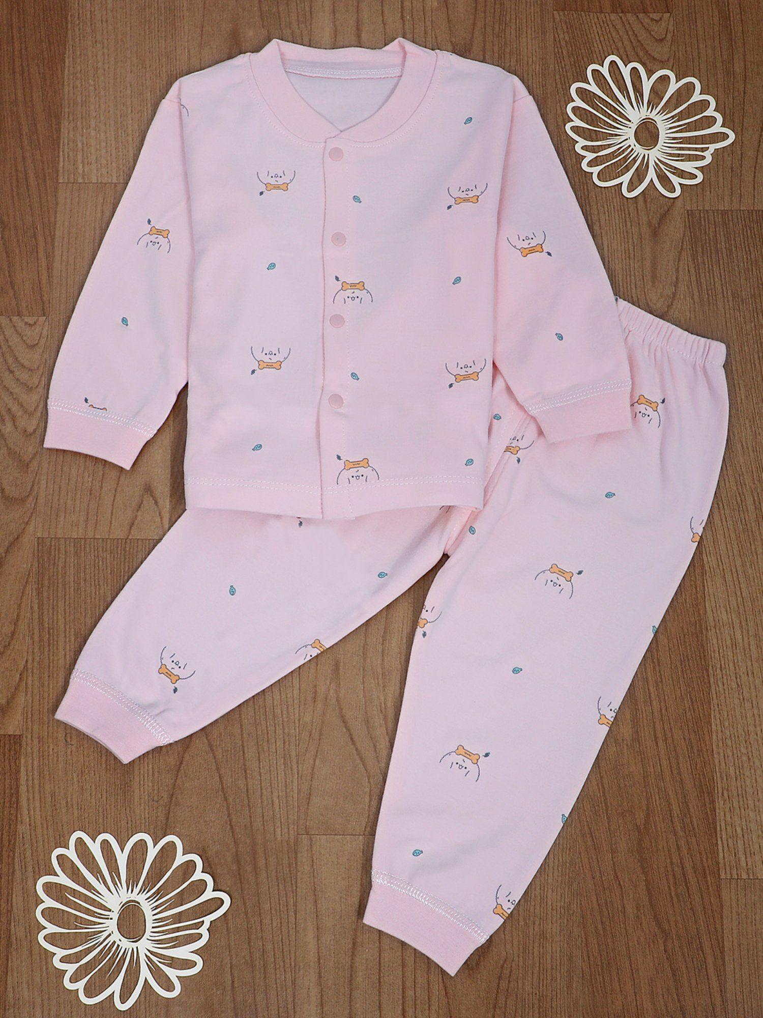 puppy face full sleeves buttoned pyjama night suit pink (set of 2)