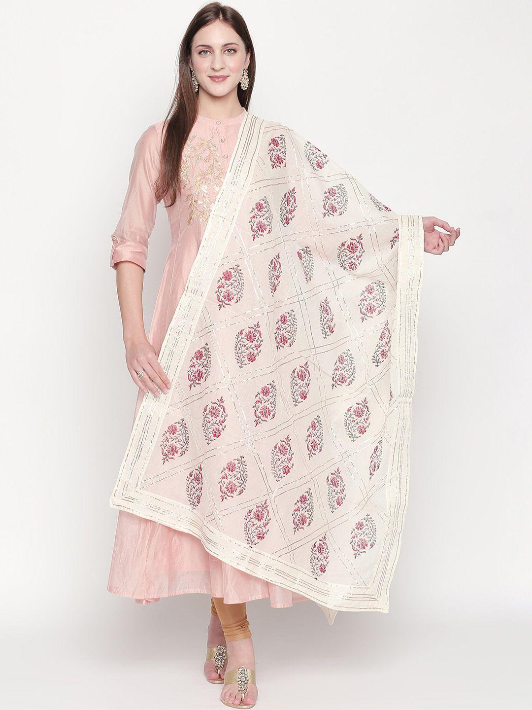 pure cotton dupatta bazaar off-white & pink block printed pure cotton dupatta