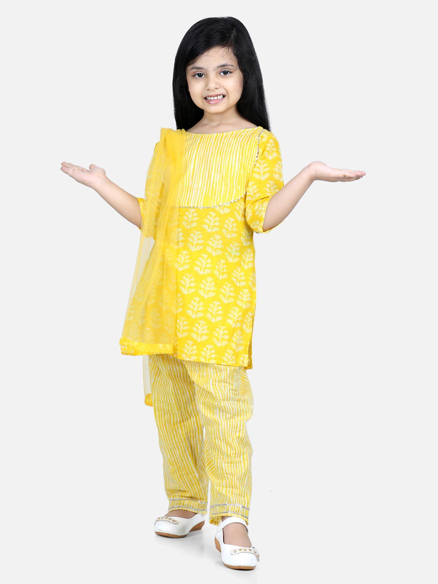 pure cotton printed kurti with pant for girls - yellow (set of 3)