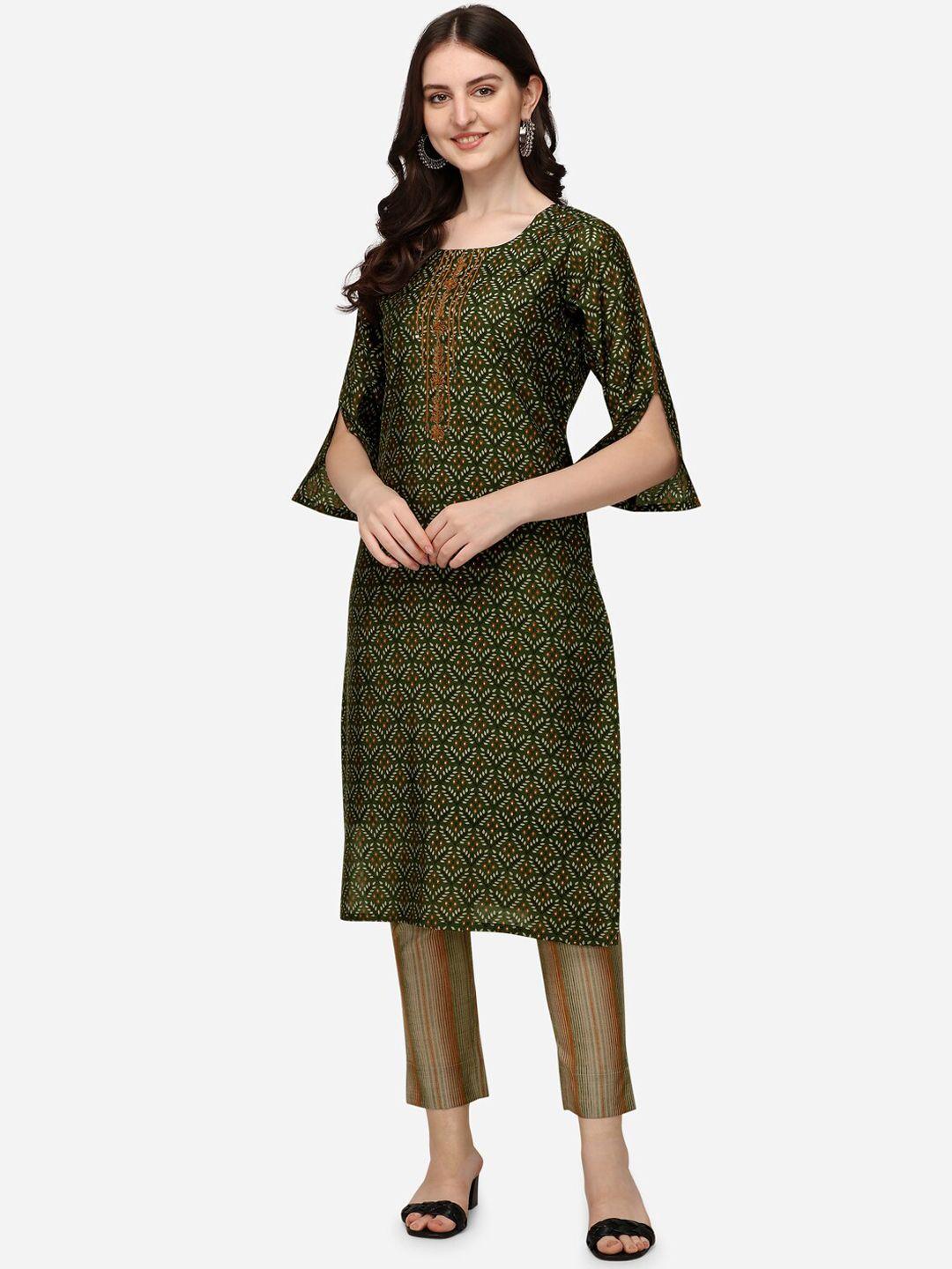 pure 9 women green & brown ethnic motifs printed chanderi silk kurta with trousers