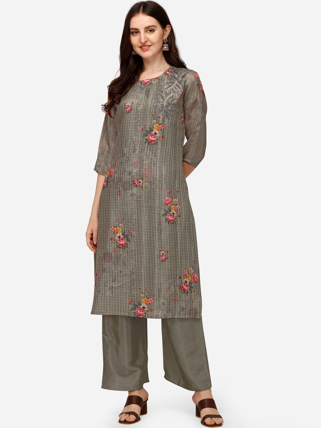 pure 9 women grey floral embroidered pure silk kurta with trousers