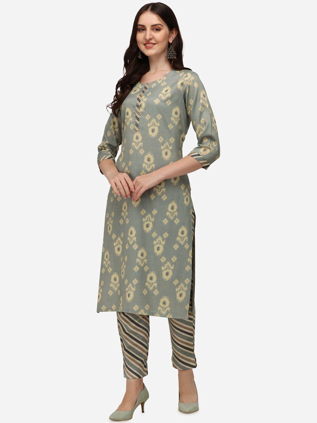 pure 9 women grey floral printed kurta with trousers