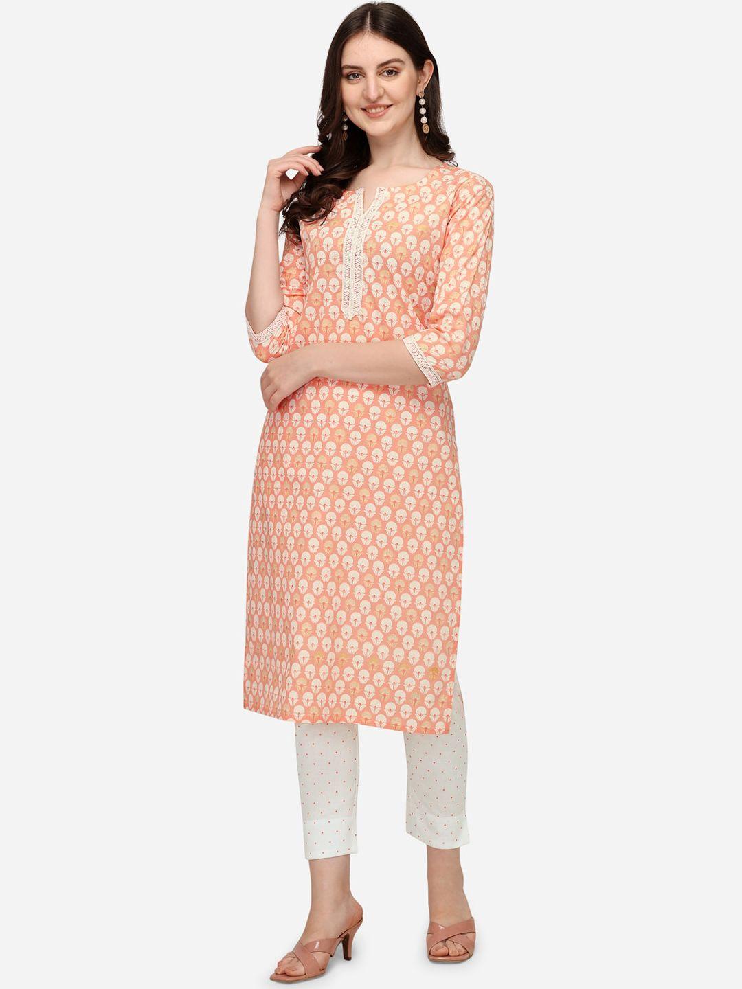 pure 9 women peach-coloured & white ethnic motifs printed pure cotton kurta with trousers
