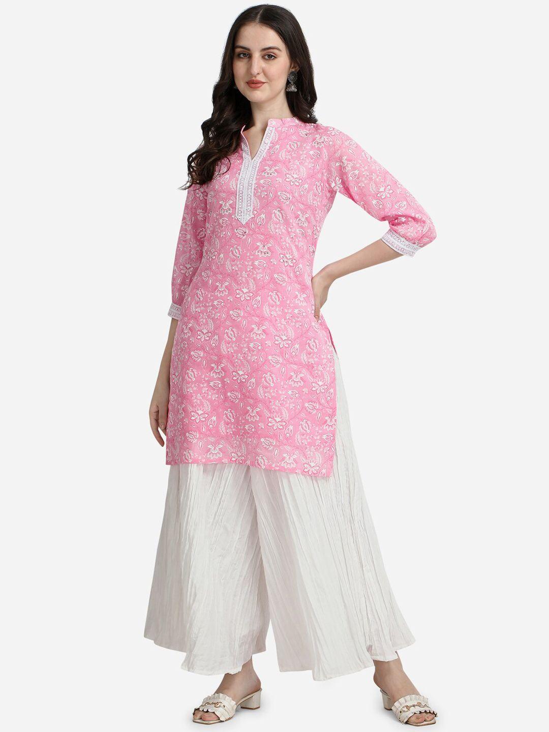 pure 9 women pink floral printed pure cotton kurta with palazzos