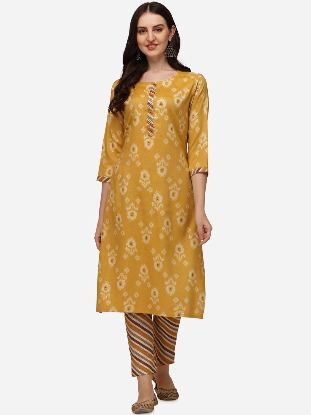 pure 9 women yellow floral printed kurta with trousers