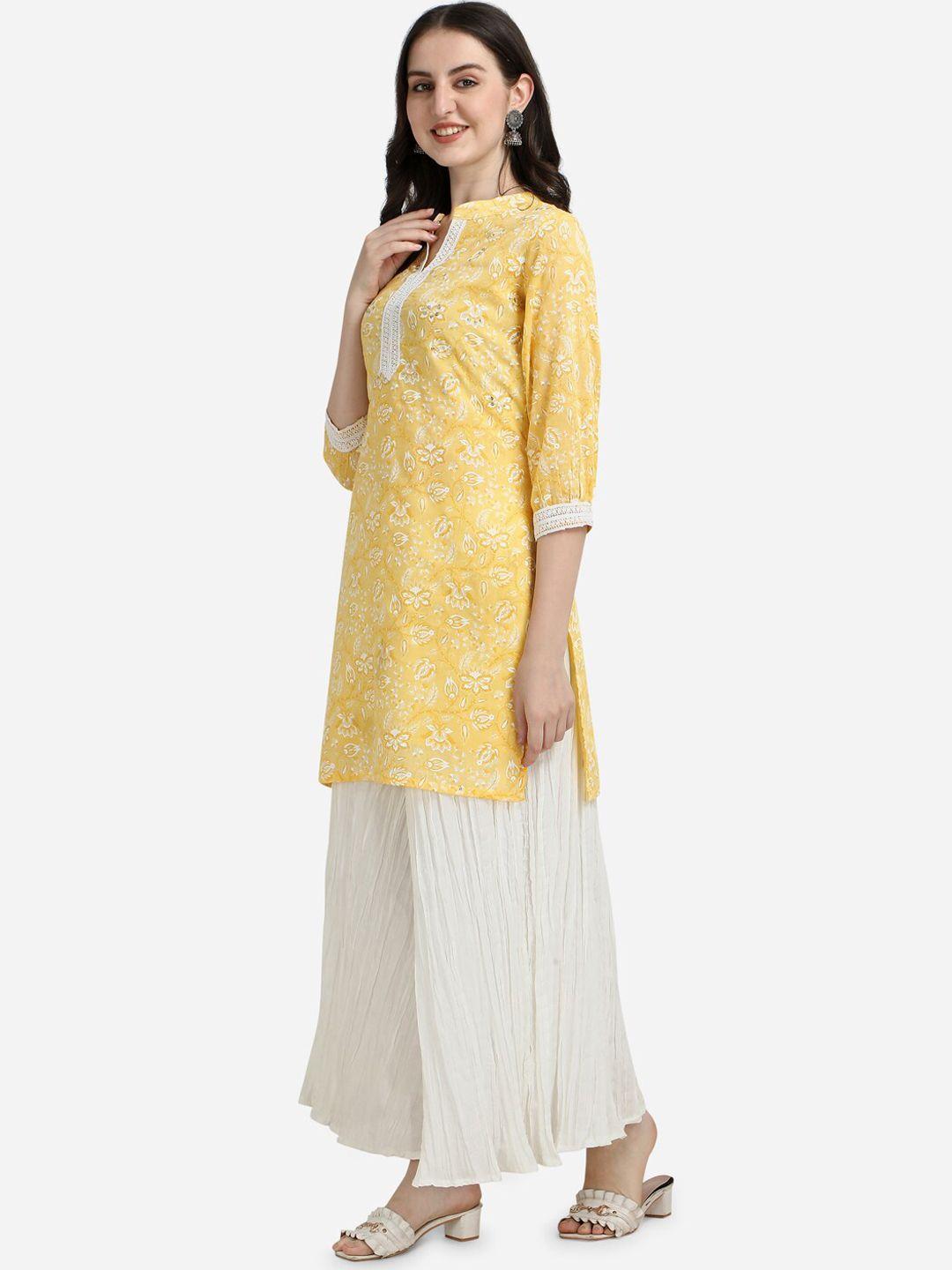 pure 9 women yellow floral printed pure cotton kurti with palazzos